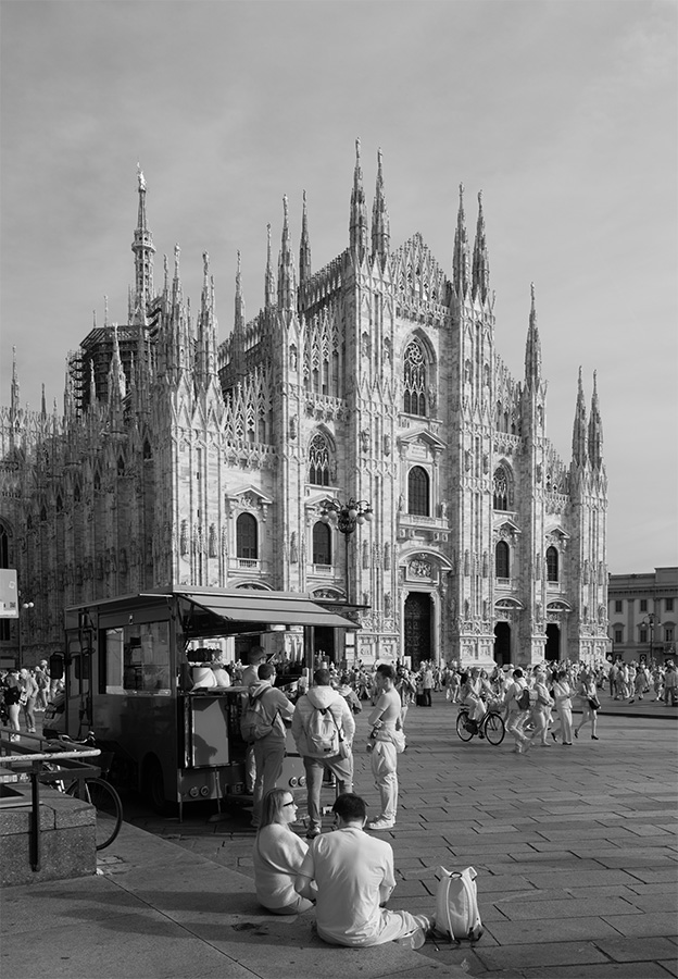 Infrared Photo of Tourists in Front of Milan's Duomo.